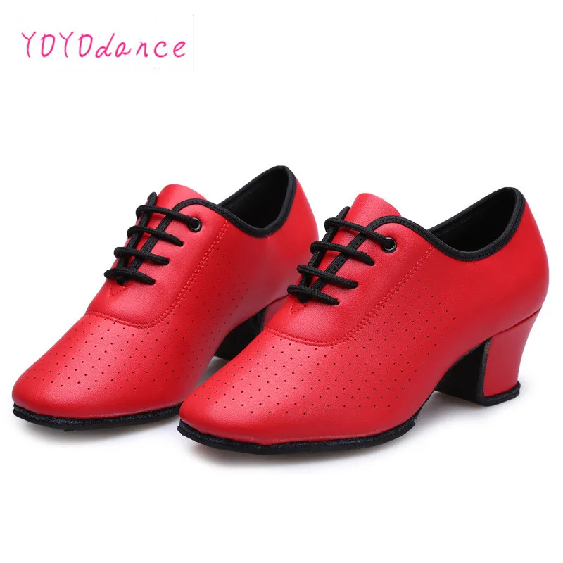 Zapatos de baile de salón para mujer, calzado para profesores de charol de 5cm, tacón medio, para chicas, Tango, latino, rojo y negro