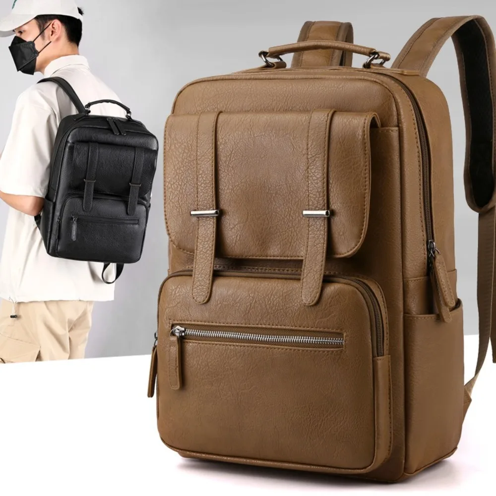 

High Quality PU Leather Men's Backpack Casual Solid Color Computer Laptop Bag Durable Waterproof Short Trip Rucksack
