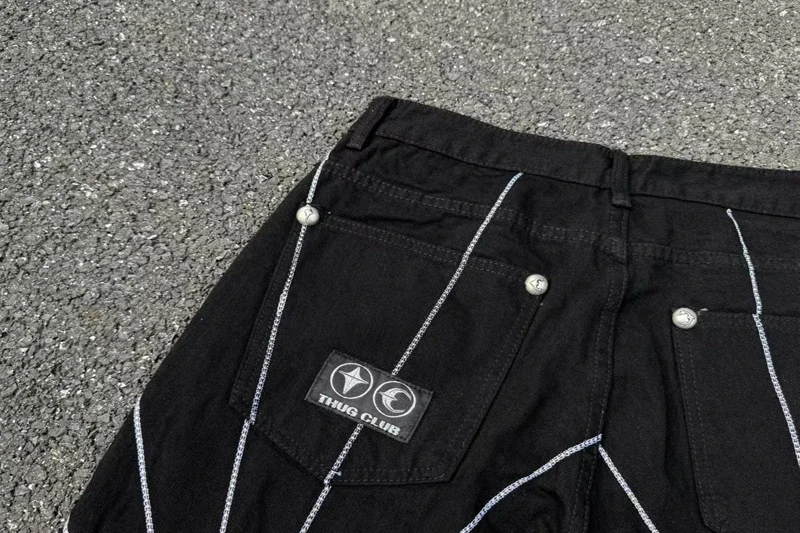 التطريز شبكة العنكبوت نمط الأسود البلطجة نادي الجينز الرجال النساء جودة عالية مستقيم فضفاض صالح واسعة الساق الدنيم السراويل داخل العلامة #5