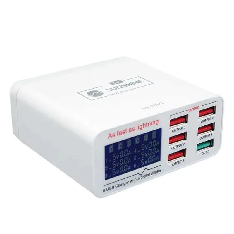 Sunshine SS-304Q 6 Port LCD USB Charger 2.4A Fast Charger Support Intelligence QC 3.0 Compatibility for Charger
