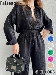 Satin Wide Leg Trousers Suit for Women 2024 Spring Office Leopard Print Two-piece Set Tracksuit Women's Pajamas Sets