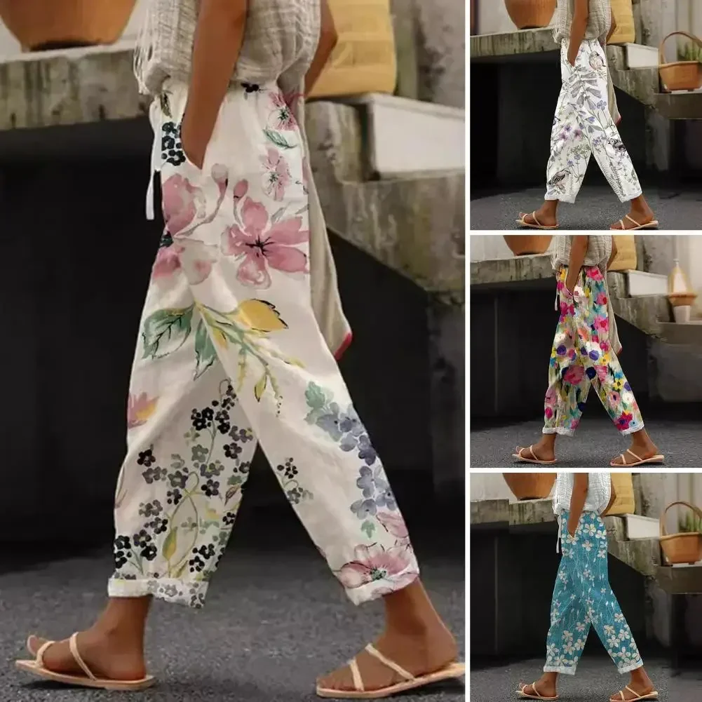 Adjustable Waistline Trousers Women Floral Drawstring Pants Floral Print Elastic Waist Harem Pants Boho Lace-up A-line for Women