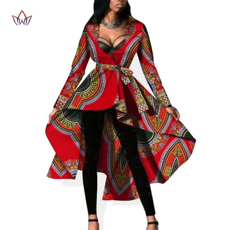 2022 Autumn African Ankara Print Women Jacket with Belt BINTAREALWAX Full Sleeves Single Breasted Women Cotton Jacket WY596