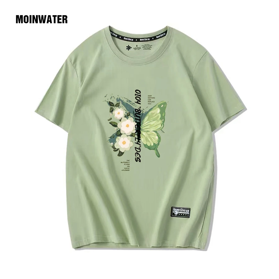 MOINWATER Women Pure Cotton T shirt Female Light Green Butterfly Printed Tees Lady White Short Sleeve Tops for Summer MT2372