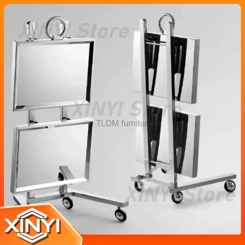 Stainless Steel Auxiliary Cart with Wheels for Beauty Salon Dyeing Trolley Folding Bar Car Barber Shop Double Layer Trolleys
