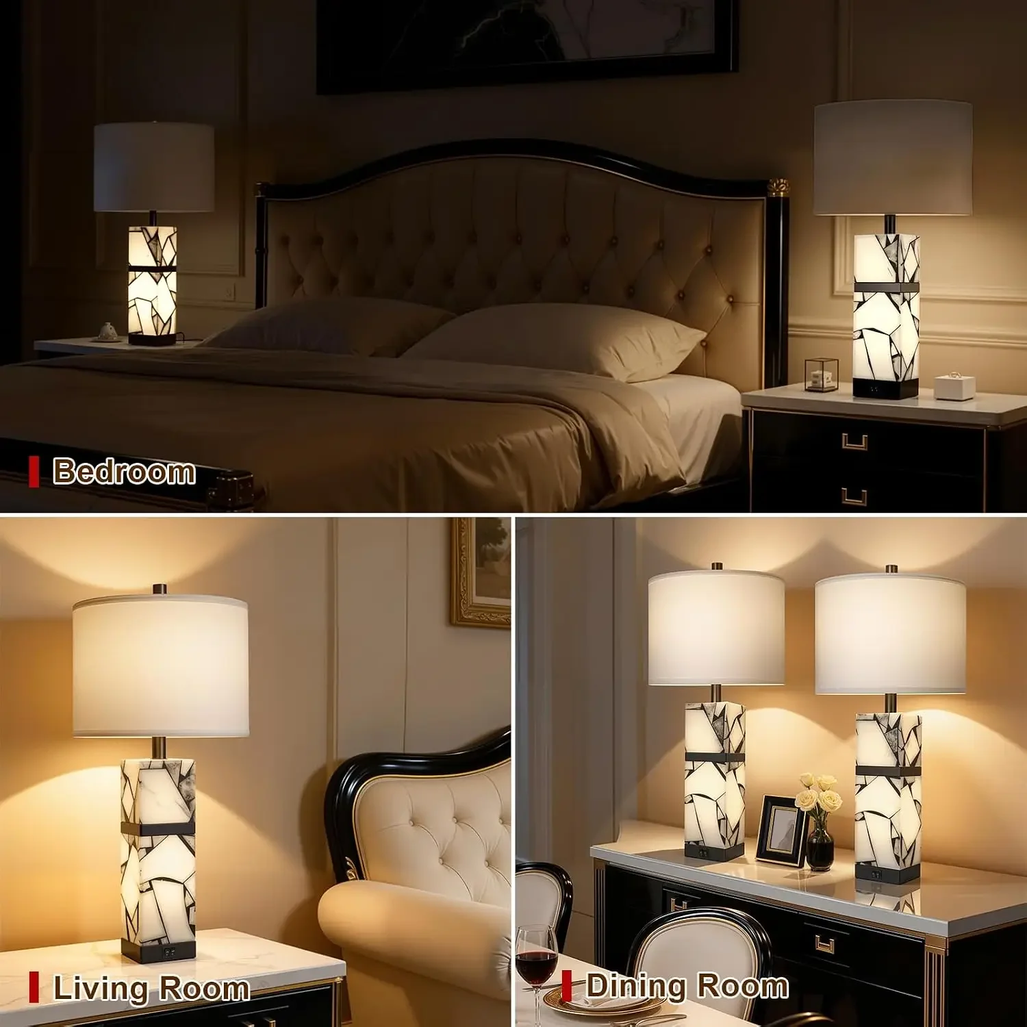 27" Alabaster Table Lamps Set of 2 with Night Light & USB A+C Ports for Living Room Bedroom, Linen Shade, Bulbs Included view 6
