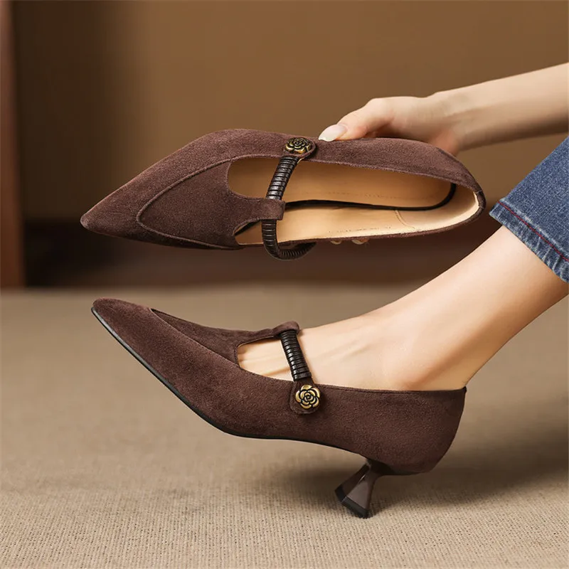 

New Spring/summer Sheep Suede Women Shoes Pointed Toe Shoes for Women Fashion Retro High Heels Mary Janes Shoes Handmade Female