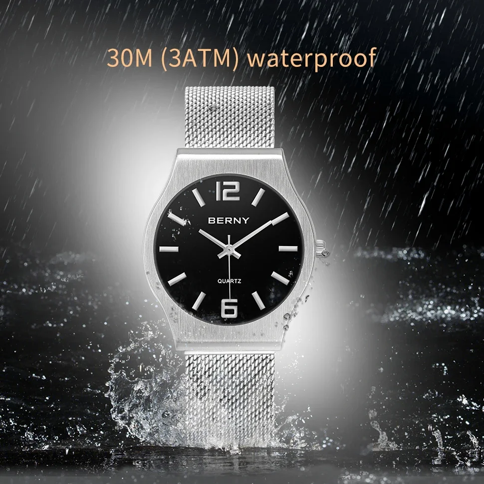 BERNY Watches for Men 34mm Simple Fashion Quartz Women Watch Full Stainless Steel Waterproof Couple Watches