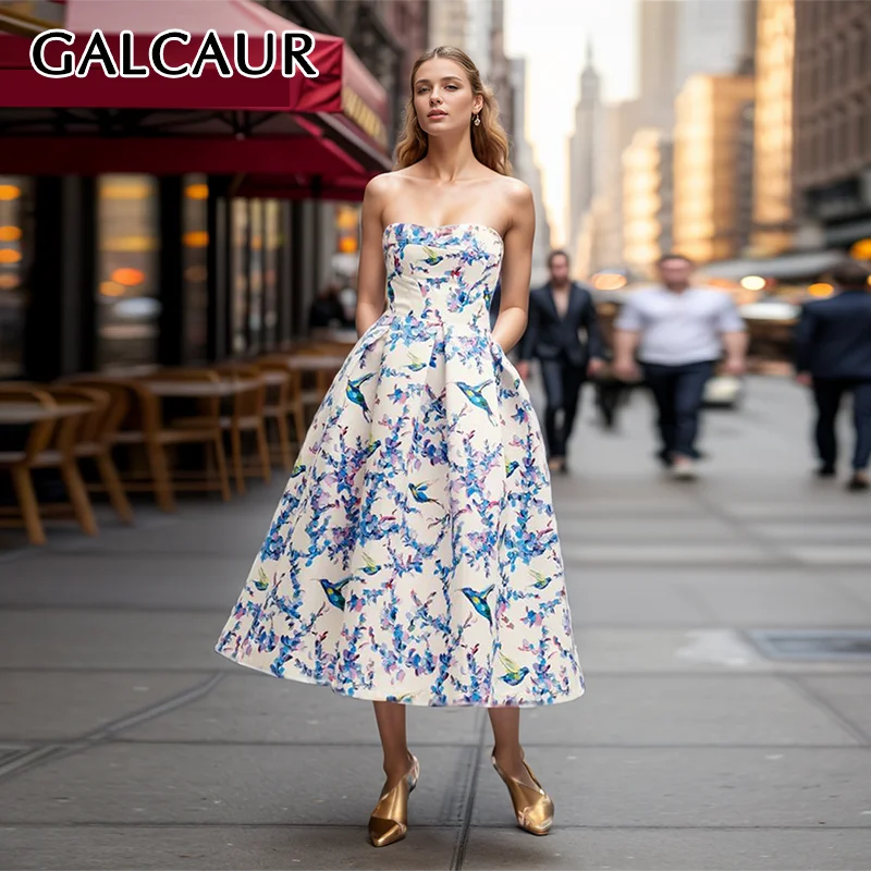 

GALCAUR Print Sweet Women Dress Strapless Sleeveless Off Shoulder High Waist Slim Hit Color Spliced Lace Up Pleated Dress Female