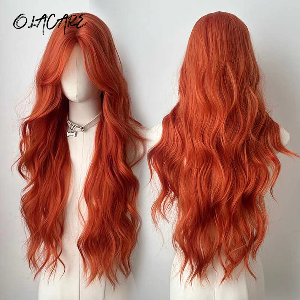 Synthetic Long Curly Wavy Orange Pink Blonde Synthetic Lace Front LM Wig With Fluffy Bangs Suitable For Women Daily Use