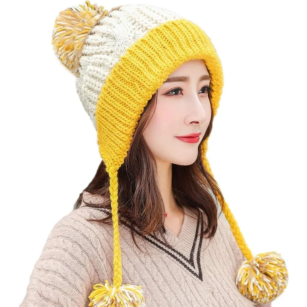 

Women Winter Peruvian Cover Ears Beanie Hat Ear Flaps Sherpa Ski Snow Hats Knit Fleece Lined 3 Pom Pom