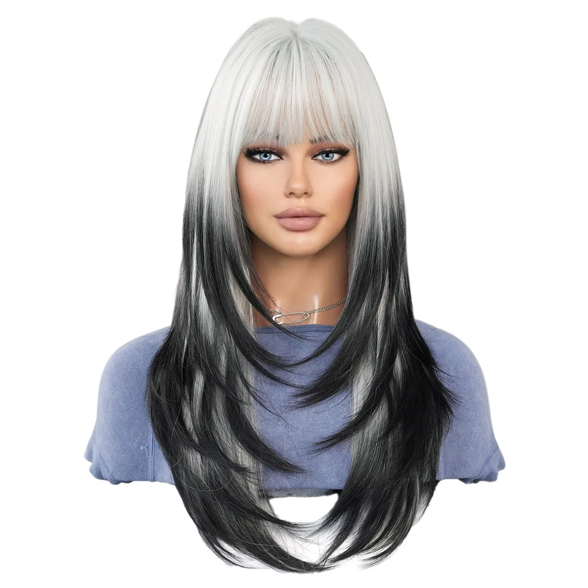 New American Long Mix Blonde Black Color Synthetic Straight Heat Resistant Wig Drag Queen Cosplay Wigs