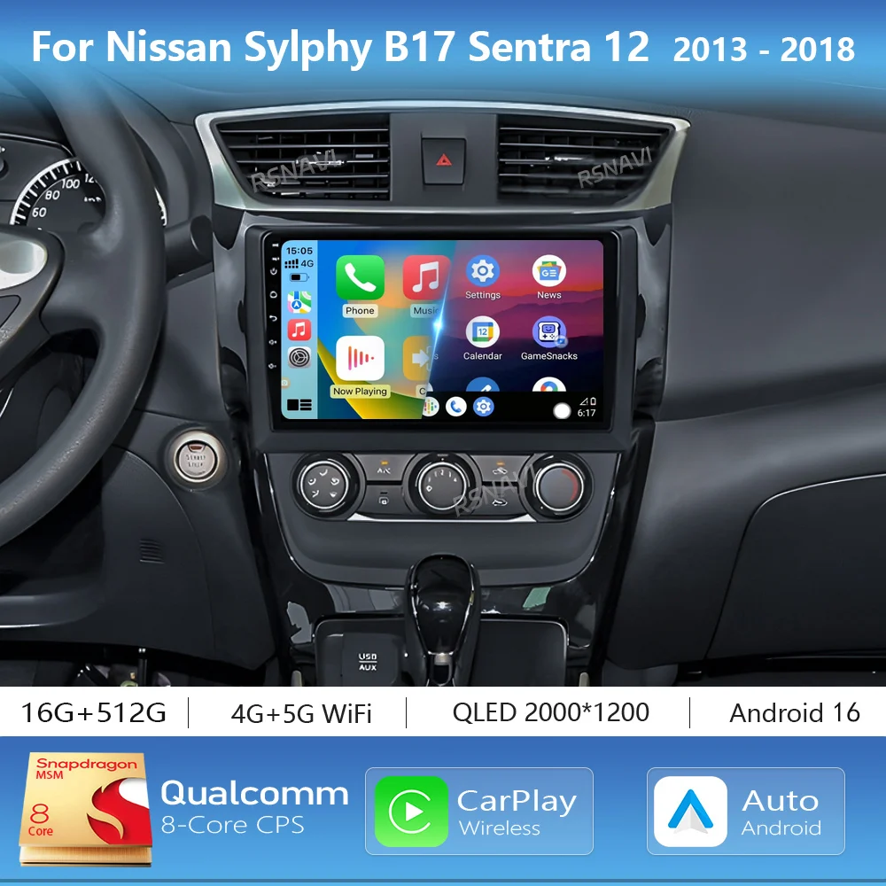 Android 16 Carplay Auto 2K Screen Car Radio Multimedia Player For Nissan Sylphy B17 Sentra 12 2013 - 2018 2 din Autoradio Stereo