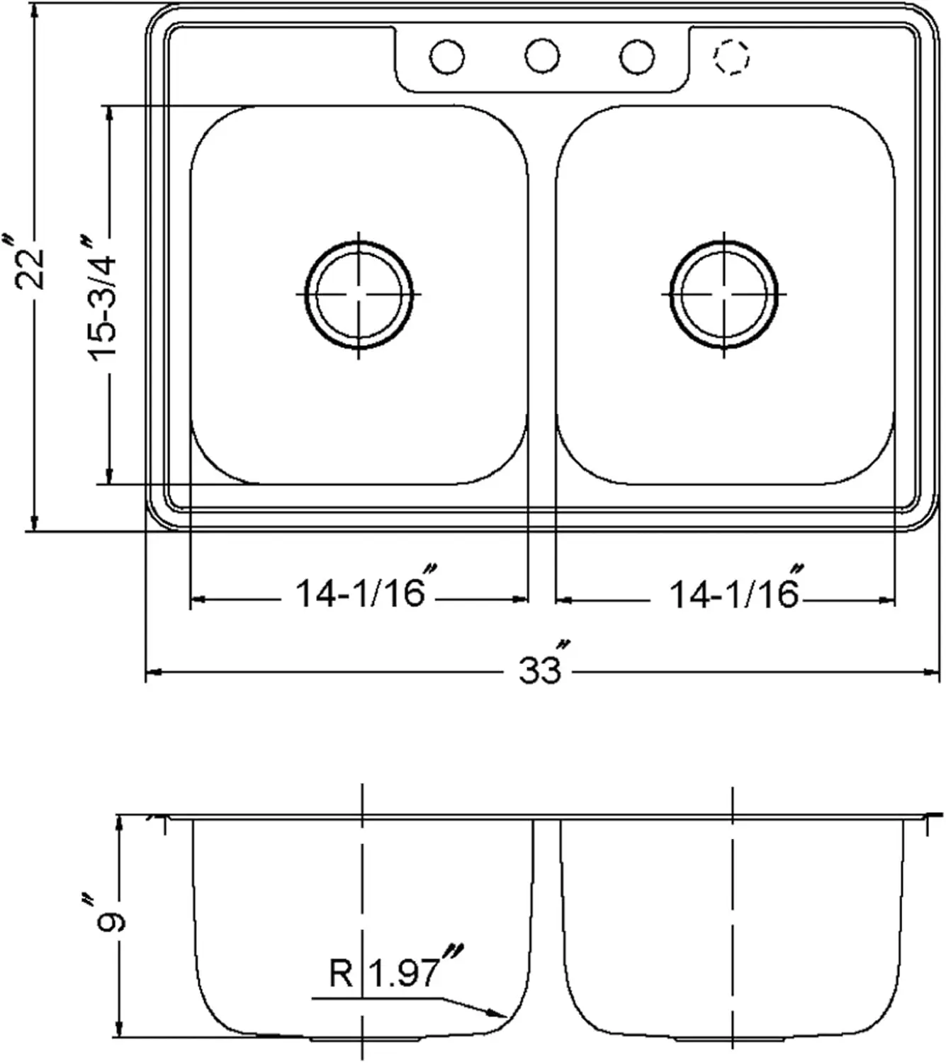 Topmount Stainless Steel 50/50 Double Bowl Kitchen Sink, 9-Inch Deep