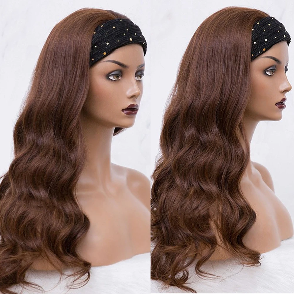 Pelucas de diadema de Chocolate para mujeres negras, cabello humano Marrón, cabello humano ondulado, cabello virgen brasileño, hecho a máquina