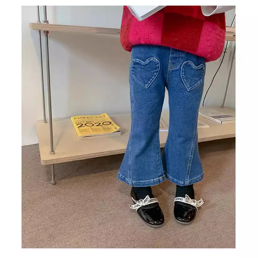 YBFSKID Children Girls Flared Pant Spring 2026 Infant Baby Girls Denim Pants Toddler Kids Girls Love Pockets Micro-stretch Jeans