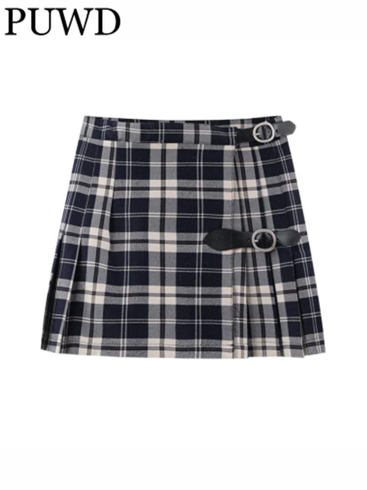 

PUWD Sweet Girls England Style High Waist Mini Skirt 2022 Spring-autumn Fashion Ladies All-match Women Plaid Pleated Skirt