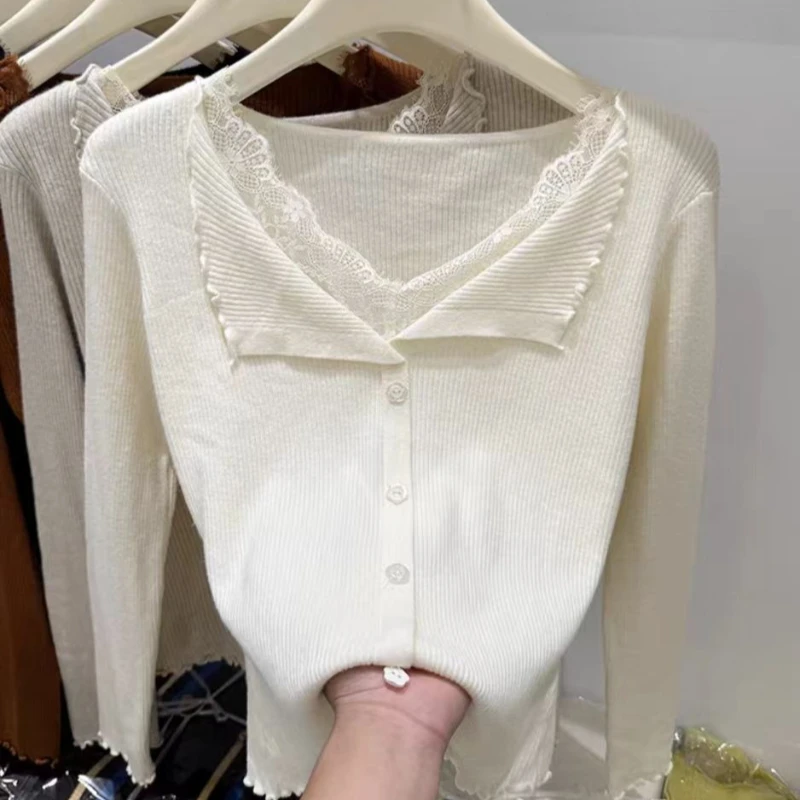 Fashion Slim Long Sleeve Single Breasted Cardigan Women's Knitted Sweater Autumn Winter Casual Lace Splice V-neck Women Sweaters