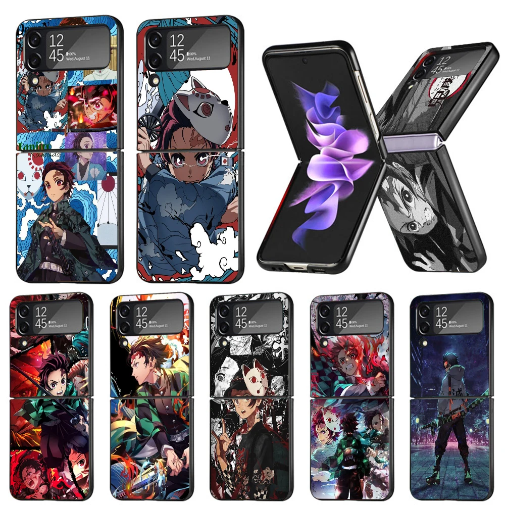 Demon Slayer Tanjiro Hard Black Cover for Samsung Galaxy Z Flip 4 3 5 5G Phone Case Flip4 Flip3 Flip5 Pattern Luxury Shockproof