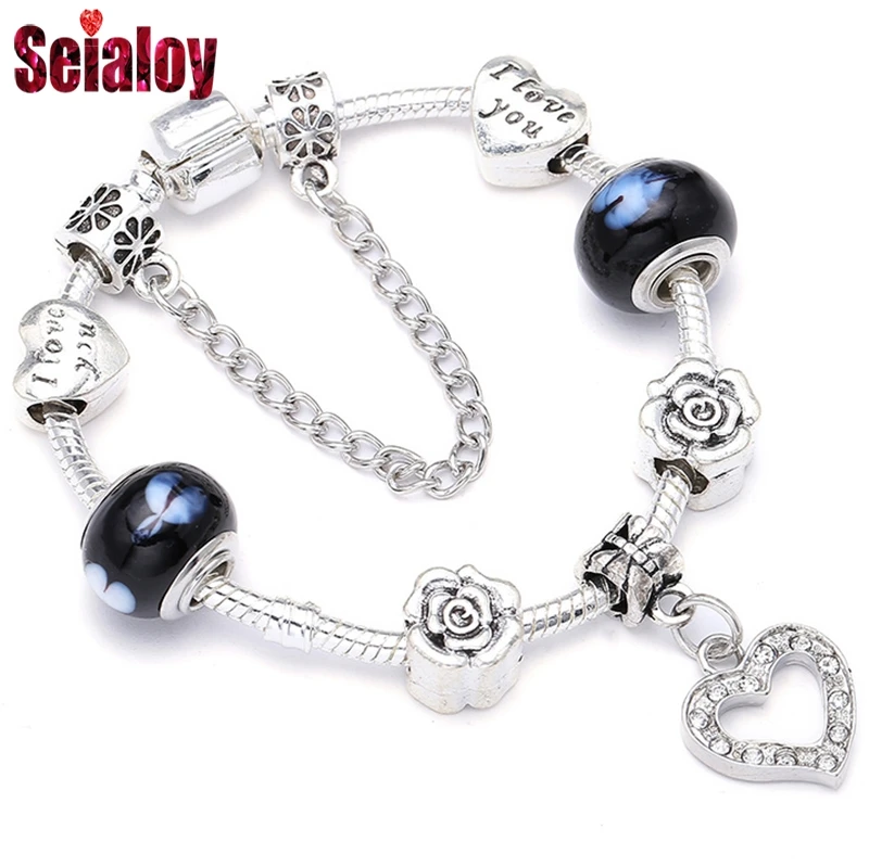 Seialoy Cute Panda Charm Bracelet For Women Plated Black White Murano Glass Beads Silver Color Brand Bracelet Girls Jewelry Gift