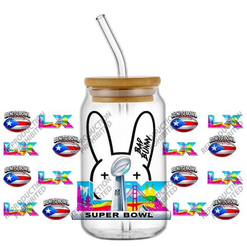 Popular Benito Bowl Bad Bunny Football 16oz UV DTF 3D Transfer Sticker Decals For Glass Can Cup Fashion Craft DIY Creative