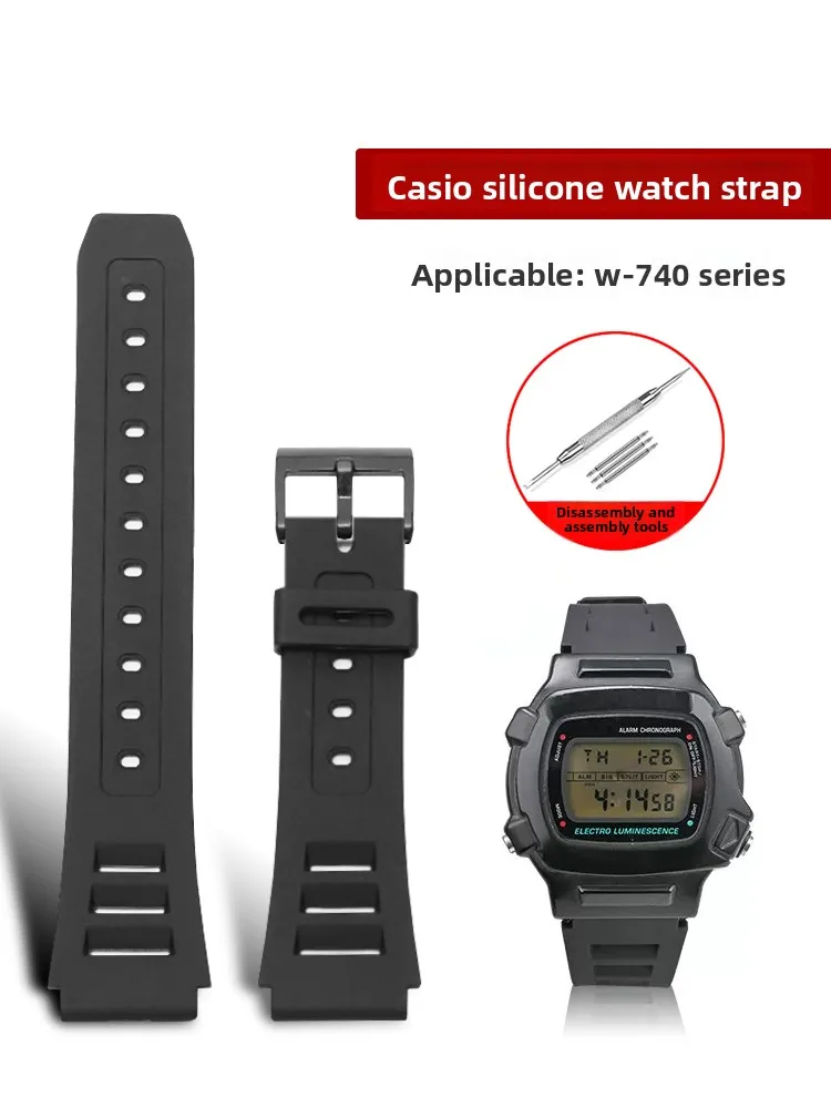 Resin Silicone Watch Strap Is for Casio Electronic Watch W-740 Series Black Rubber Strap 19mm Men