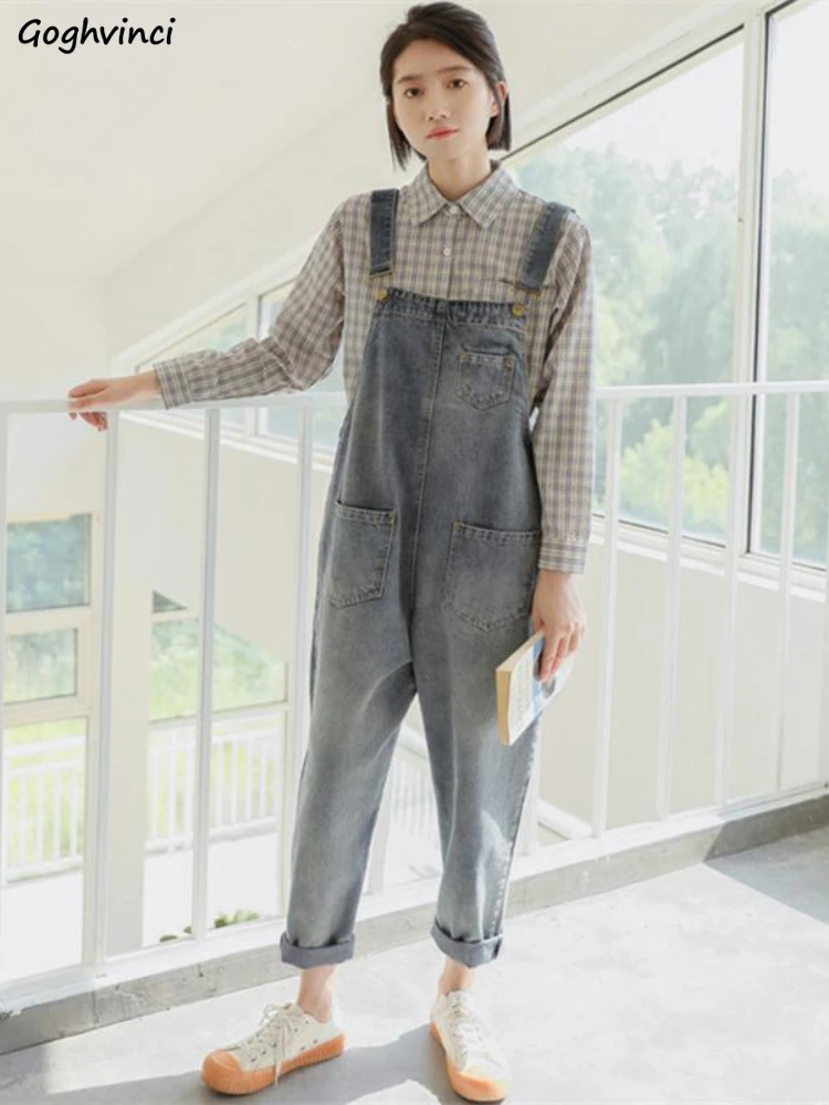 

Blue Jumpsuits Women Loose Casual Simple Vintage High Waist Korean Style Spring Fashion Students All-match Design Lady Clothing
