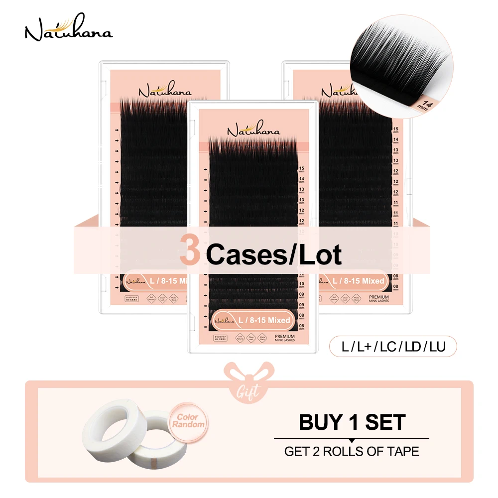 NATUHANA Wholesale 3Cases/lot 8~15Mixed L/L+/LC/LD/LU Curl Matt Black Eyelash Extension Individual PBT Mink False Fake Eyelashes