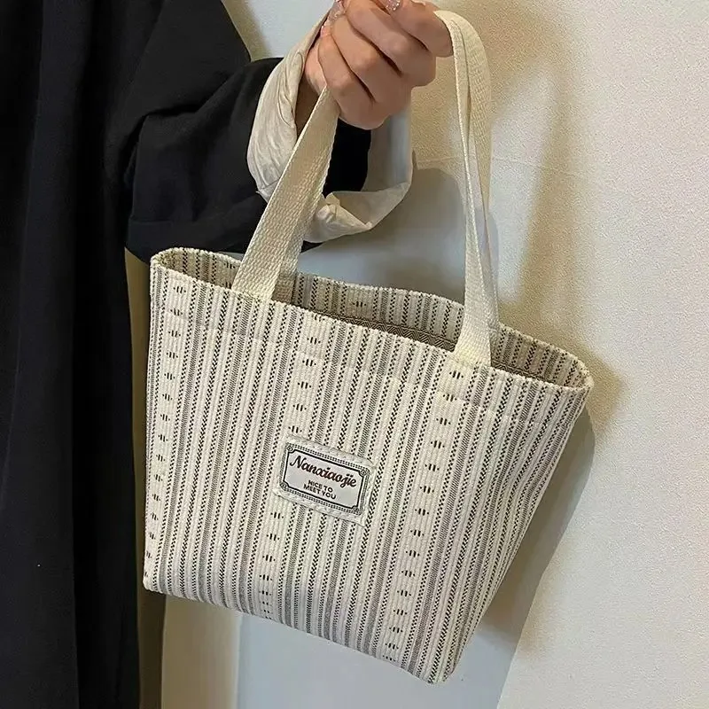 

2025 ins Japanese bag women's canvas bag fashion striped hand carry shoulder bag women's class tote commuter bag