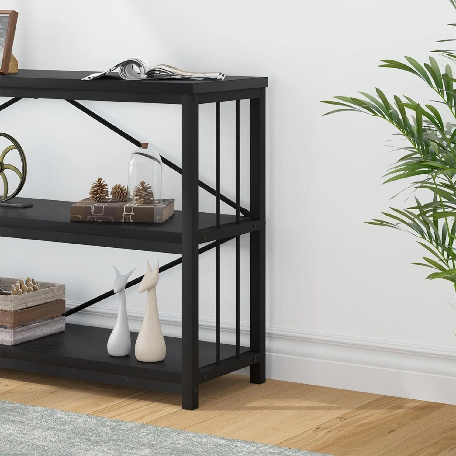 Entryway Table, Modern Extra Long Sofa Console Table, Metal Wood Narrow Hallway Table with Storage Shelves, 70 Inch