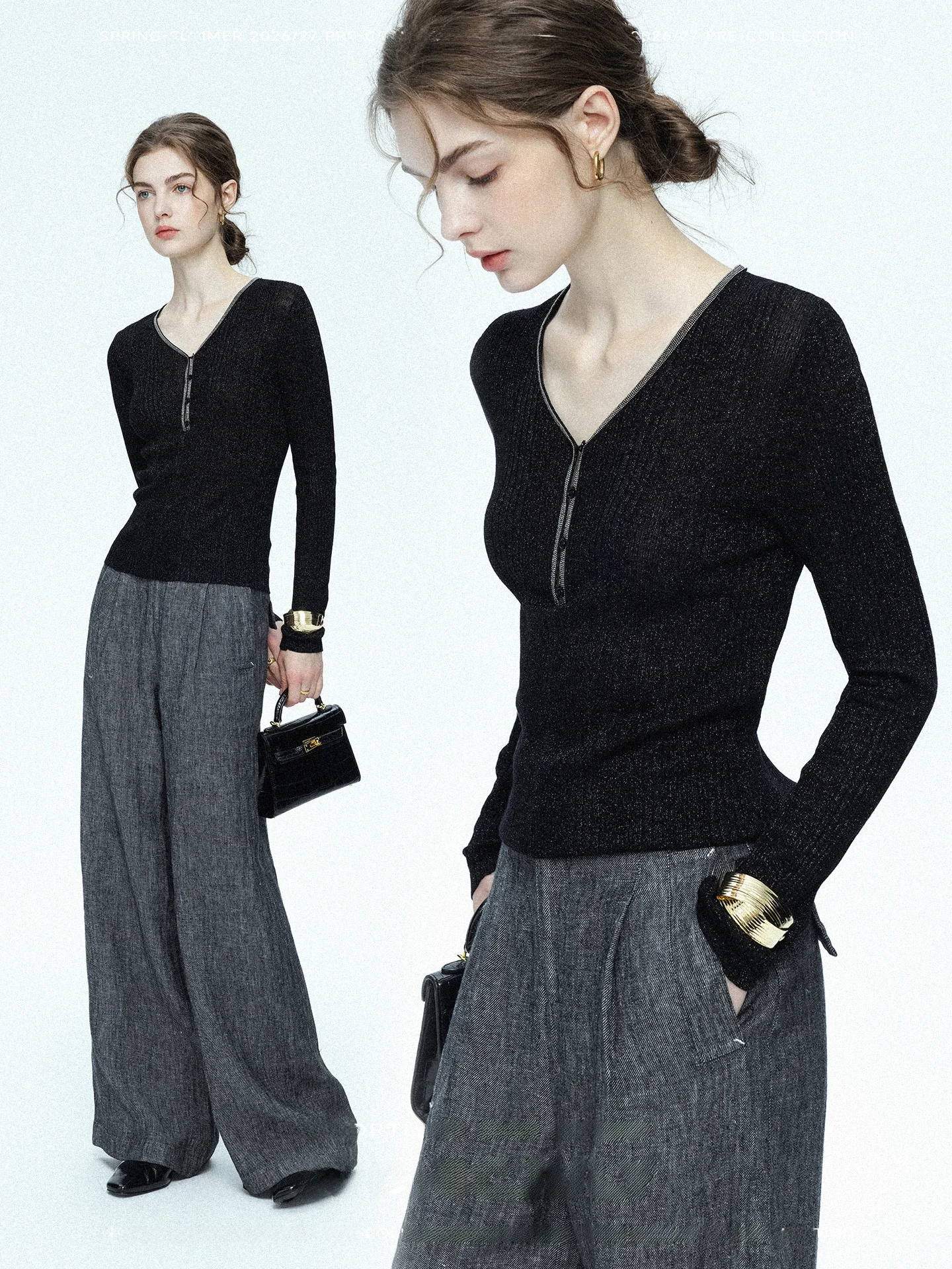 

Сексуальный женский зимний топ Chicjuly: черная тонкая облегающая базовая кофта с V-образным вырезом и бисерной отделкой ручной работы из шерстяного трикотажа