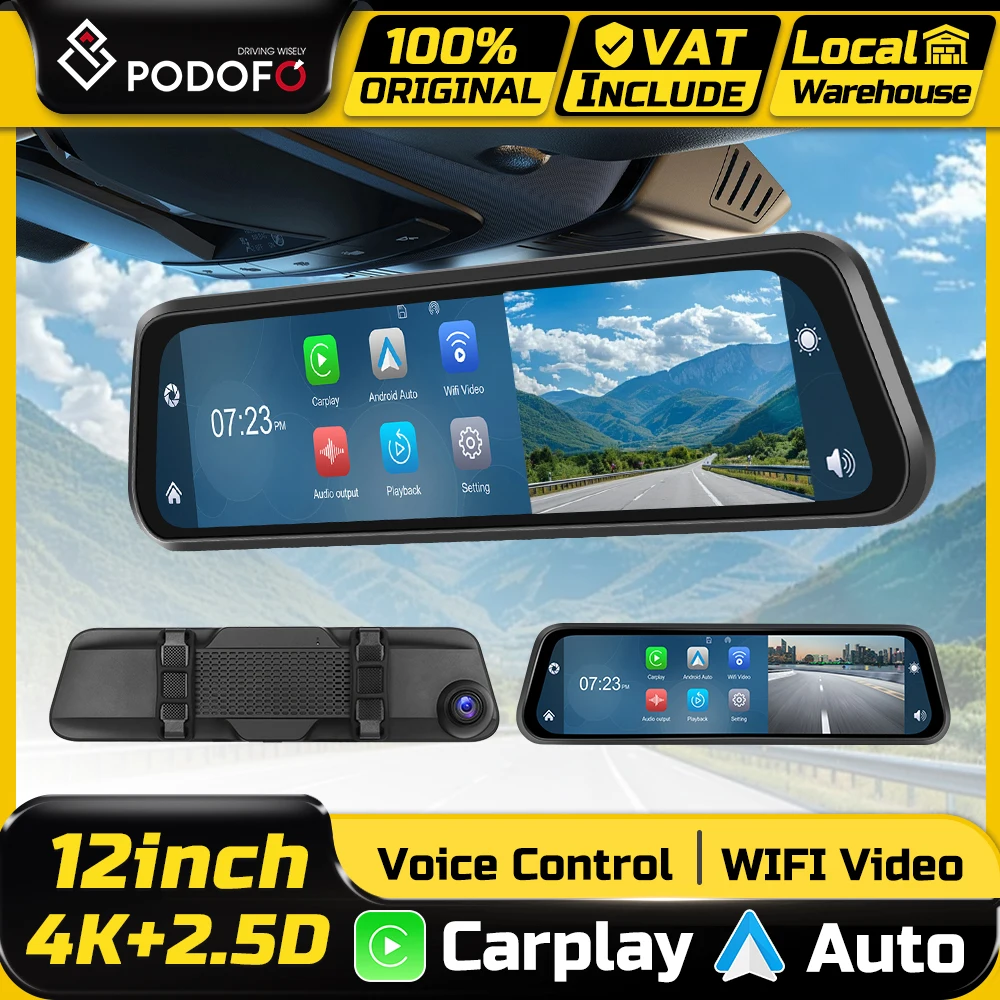 Podofo 12'' Auto-Spiegelmonitor mit Aufnahmefunktion, Frontkamera, Armaturenbrett-DVR-Videorekorder, Carplay, Android Auto, WLAN, Schleifenaufnahme, FM, AUX