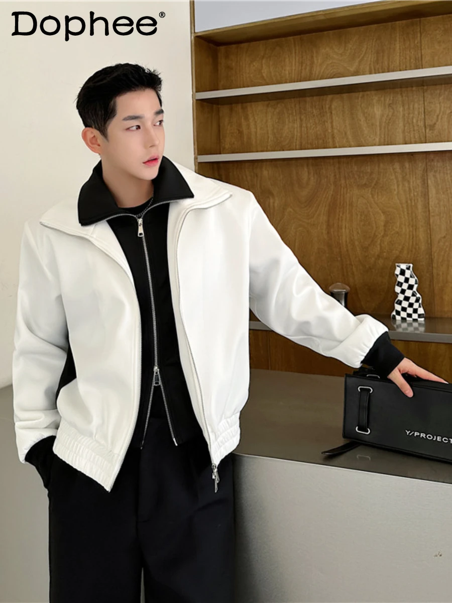 Spring New Jacket Male Black White Color Contrast Design Jackets Fashion Double Open Zipper Trendy Male Long Sleeve Coats