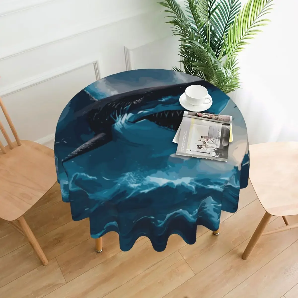 Megalodon Shark Tablecloth Ocean Blue Polyester Round Table Cover Elegant Custom DIY Table Cloth For Wedding Birthday Party