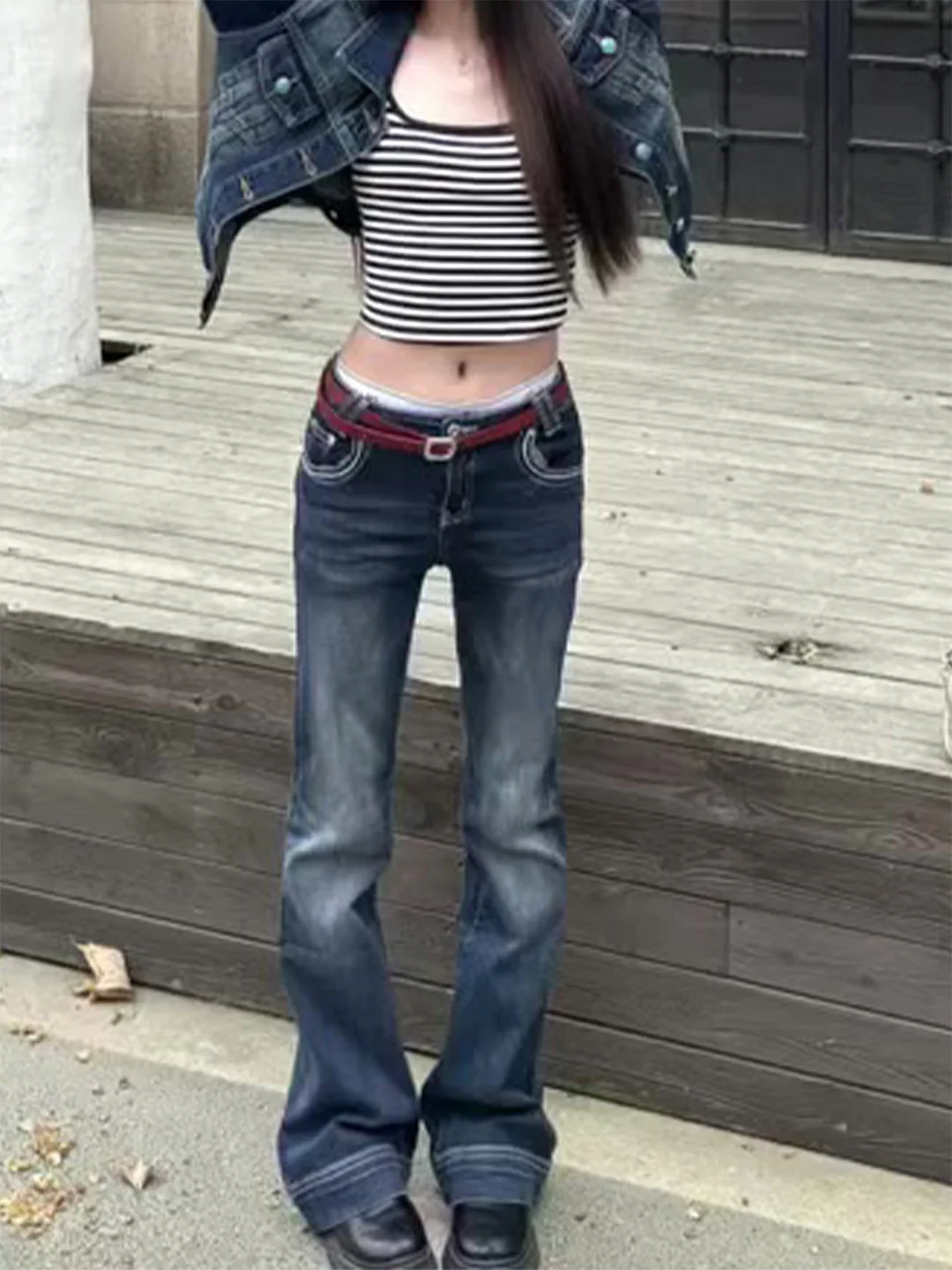 Washed Low Waist Bell Bottom Jeans Women's Slimming Skinny Jeans Deep Blue Vintage Style Summer New Arrival Denim Pants