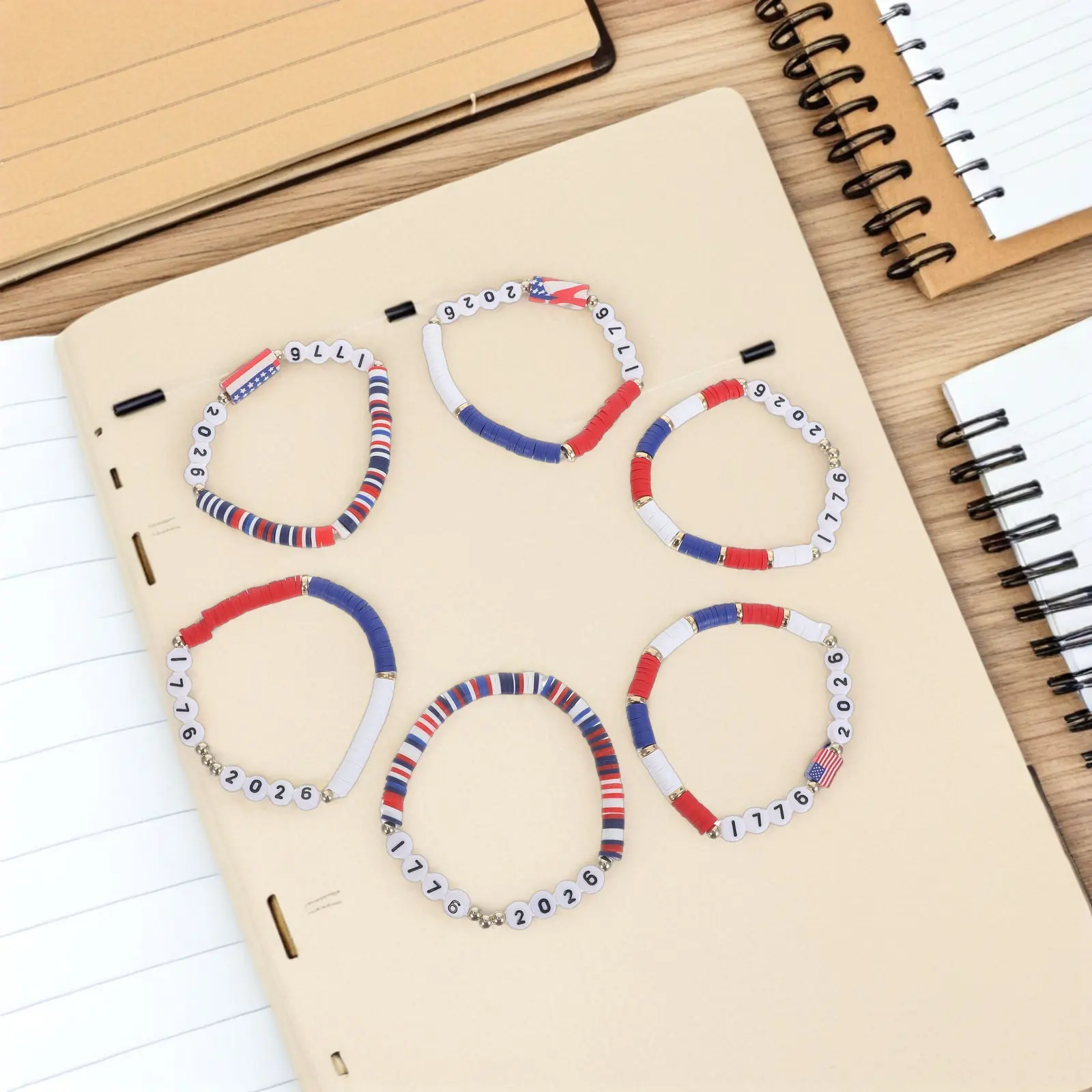24Pcs Patriotic Bracelet Independence Day Usa Flag Polymer Clay Bead Set July 4Th Party Jewelry Freedom Wristbands
