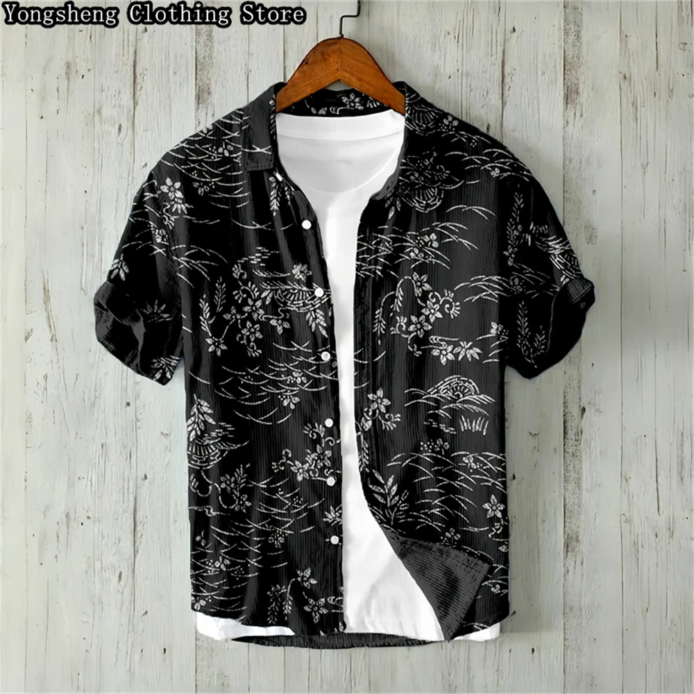 Men\'s short-sleeved linen printed shirt 2024 independent station popular Japanese retro holiday casual clothing