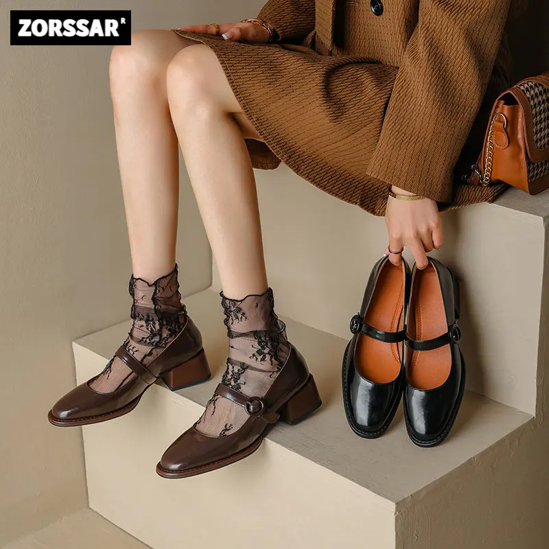 New 2024 Split Leather Mary Jane Women\'s Shoes Buckle Shallow Heel Pumps Spring/Autumn Square Toe Shoes Woman Zapatos De Mujer