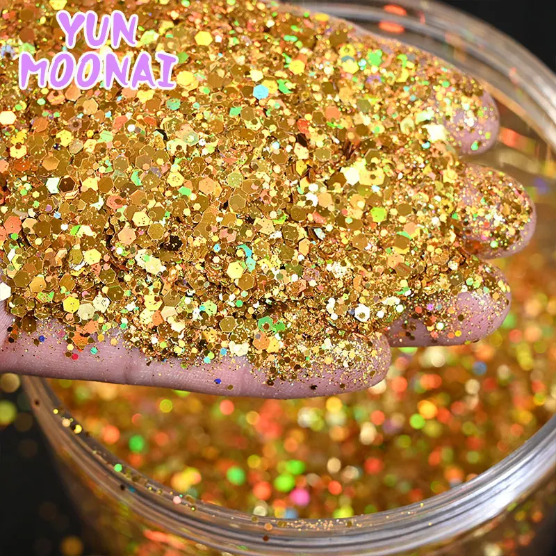 YunMoonai 50g/Bag Holographic Iridescent DIY Craft Glitter Powder Chunky Mixed Hexagon Sequins Nails Decorative Pigment Powder