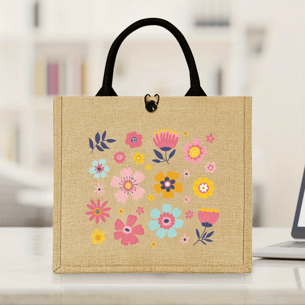 

Colorful Floral Jute Tote Bag Shopping Bag Vibrant Botanical Print Outdoor Activities Outdoor Essentials Durable Tote Hand Bag