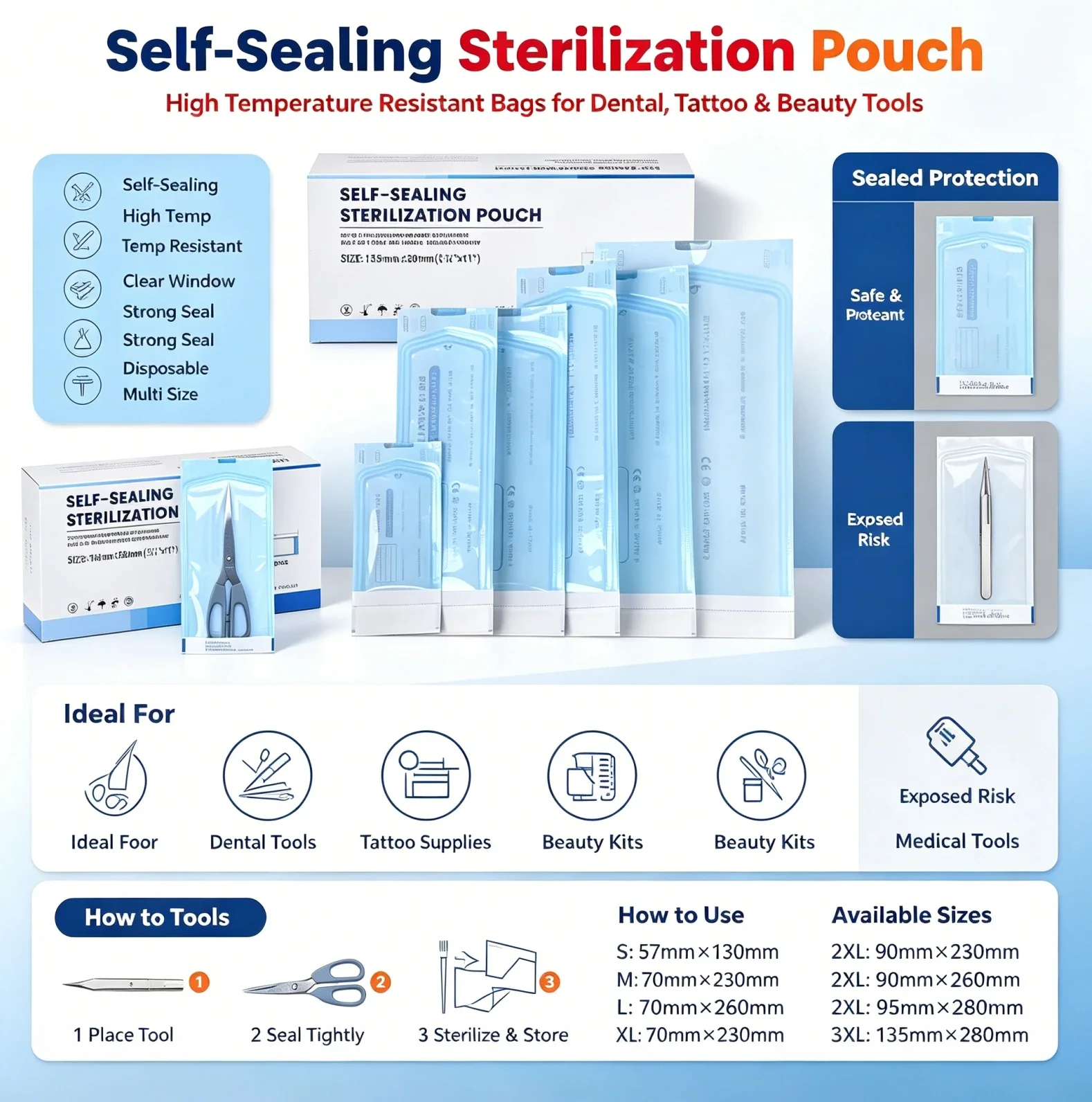200pcs/bag Self-sealing Sterilization Pouches Bags 5 Sizes Medical-grade Bag Disposable Nail Art Tattoo Accessories