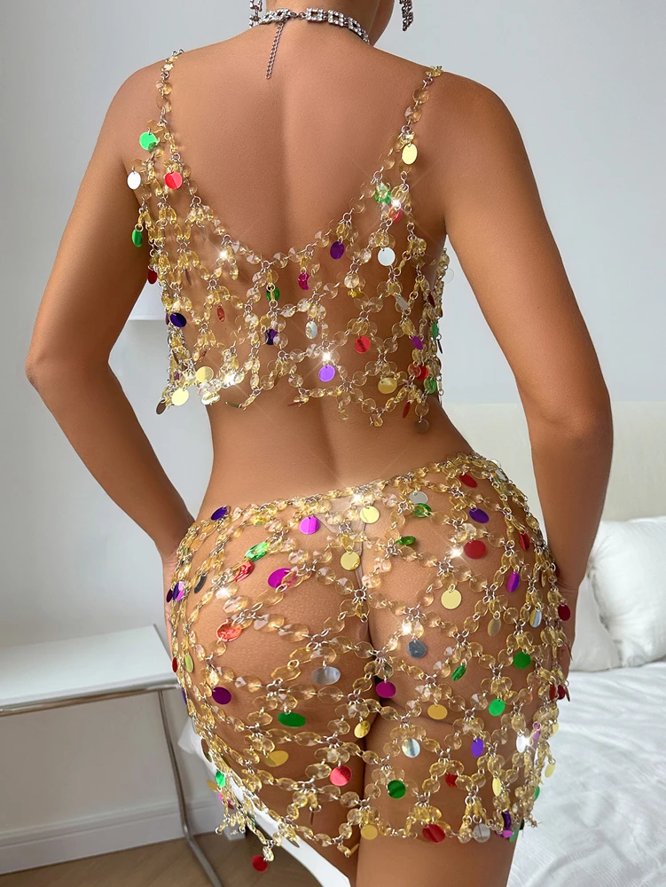 Colorful Rhinestone Body Chain Two Piece Outfit Set for Women 2024 Summer Sexy Club Hollow Out Halter Top and Skirt Suit