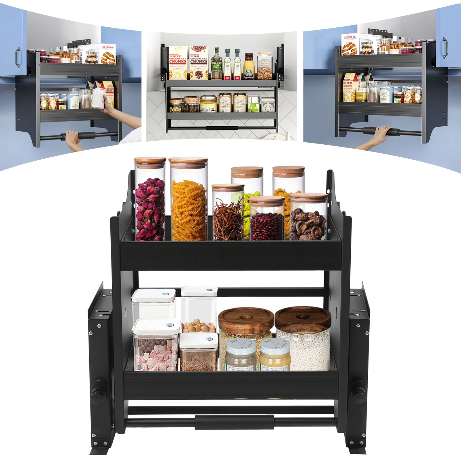 رف قابل للسحب بطبقتين، منظم خزانة لخزائن المطبخ، نظام تخزين مثبت على الحائط لتنظيم المؤن، 24 بوصة