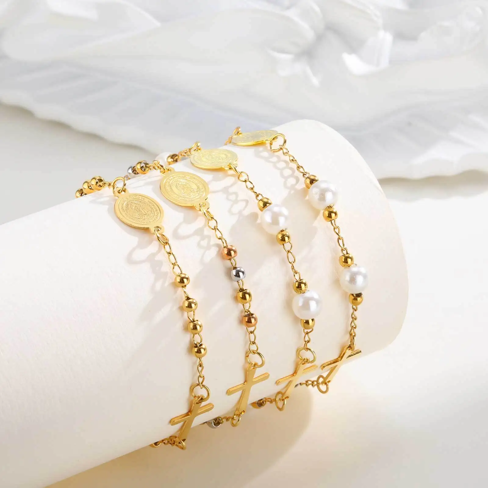 Vnox Metal Virgin Mary Saint Benedict Cross Bracelet, Stainless Steel Bead Pearl Chain Bracelets For Women Religious Jewelry