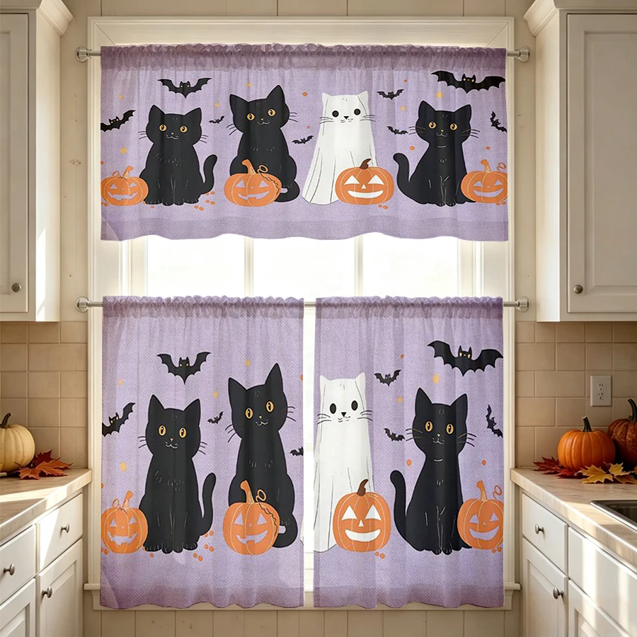 Halloween Fall Kitchen Curtains, Black Cat Ghost Pumpkin, Digital Print, Kitchen Dining Room, Rod Pocket Polyester, Home Decor