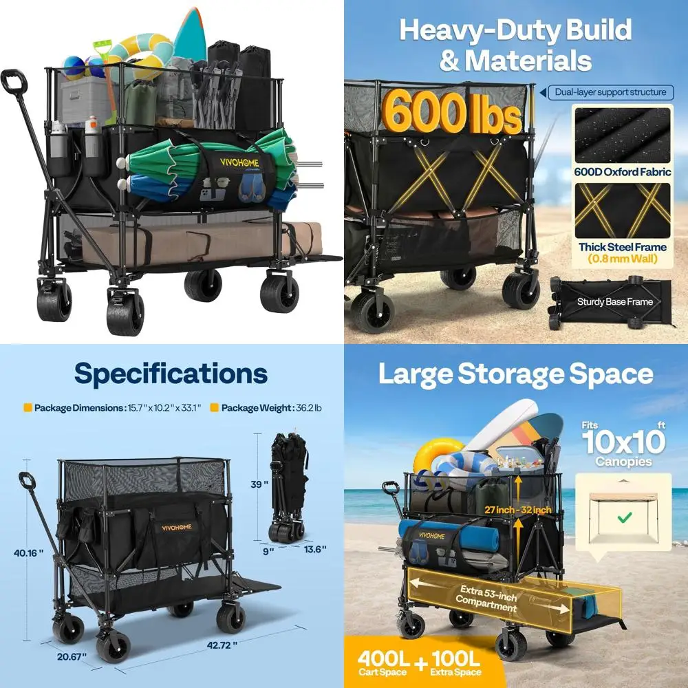 

Большой двухэтажный складной вагон объемом 500 л емкостью 500 фунтов и большими колесами для активного отдыха