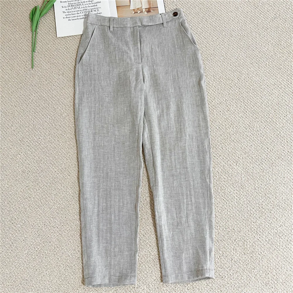 เสื้อผ้าผู้หญิง ฤดูใบไม้ร่วง/ฤดูหนาว 25 รุ่นใหม่ สไตล์หรูหราเบาๆ ผ้าลินินแท้ ลายก้างปลา ชุดสูท+เสื้อกั๊ก+กางเกงขายาวทรงตรงลำลอง ชุดสามชิ้น