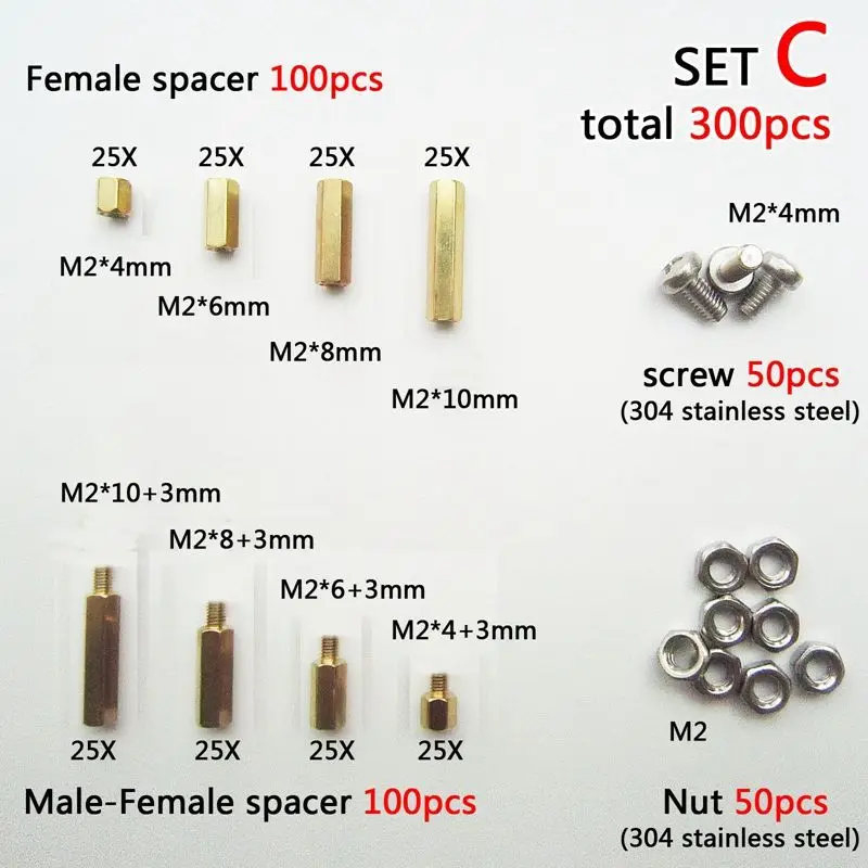300X Brass M2 Hex Column Standoff Support Spacer Screw Nut Assortment Kit-[A04I Tools]
