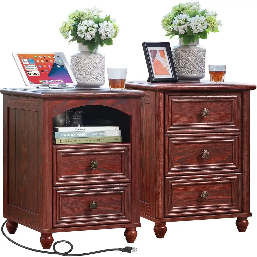 زوج من 18 طاولة ليلية للمزرعة من خشب البلوط الأحمر مع درجين و3 أدراج، وحدة تخزين، وعمود روماني لغرفة النوم وغرفة المعيشة والخزانة