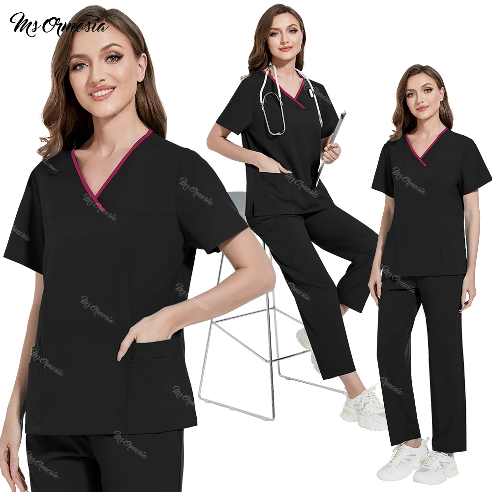 Hospital Surgical Uniforms Woman Pockets Top Pants Nursing Accessories Doctors Nurse Clothes Medical Uniforms Elastic Scrubs Set